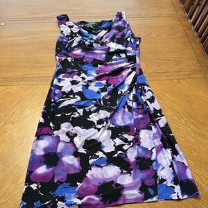 Lauren Ralph Lauren Purple Blue Black Floral Faux Wrap Sleeveless Midi Dress 10